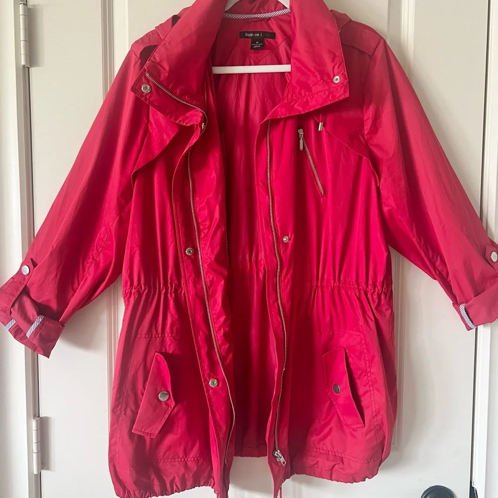 Style & Co Red Packable Hooded Anorak Utility Jacket Lightweight Windbreaker XL